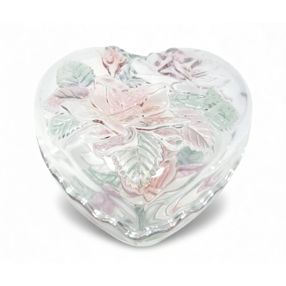 Fenton Heart Trinket Box Rose Lid Pressed Glass Vanity Decor Jewelry Organizer - Picture 5 of 5